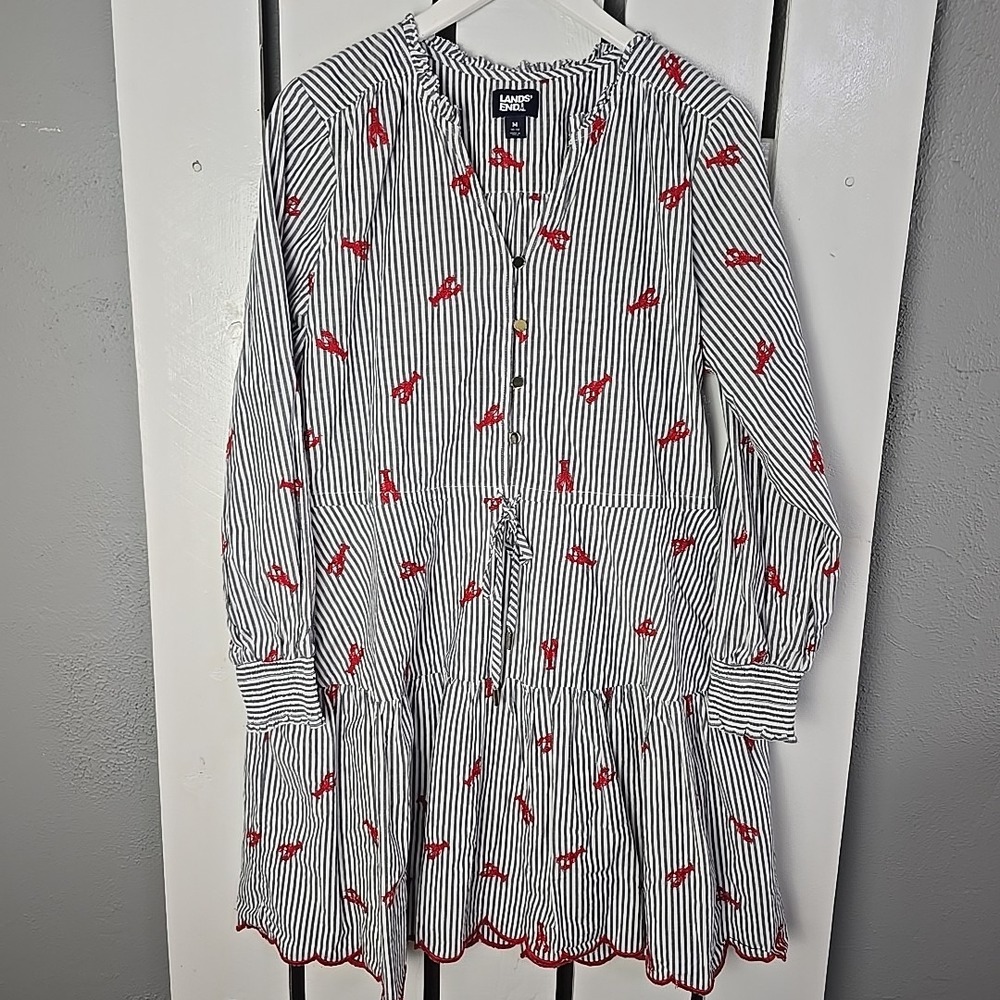 Lands' End Lobster Applique Popover Dress Medium Striped Red Grey Coastal - Picture 2 of 12